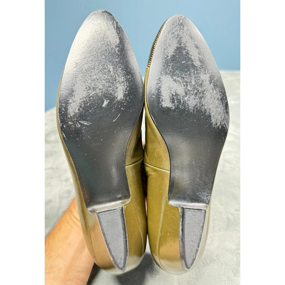 Nina Flats Womens 8.5 N Olive Green Gold Cap Toe Patent Leather Made in Spain
